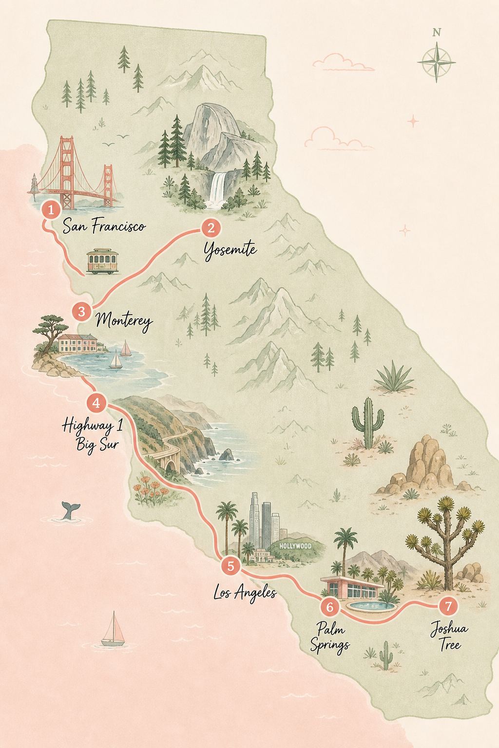 本次行程路线示意图：旧金山、优胜美地、一号公路、洛杉矶、棕榈泉、约书亚树